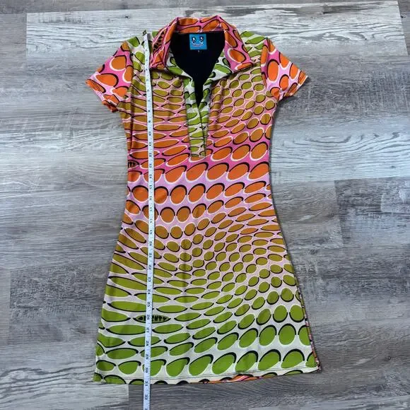 OMIGHTY Mini Dress Pink Green Psychedelic Polo Y2K Indie Sleaze Small - Picture 9 of 9